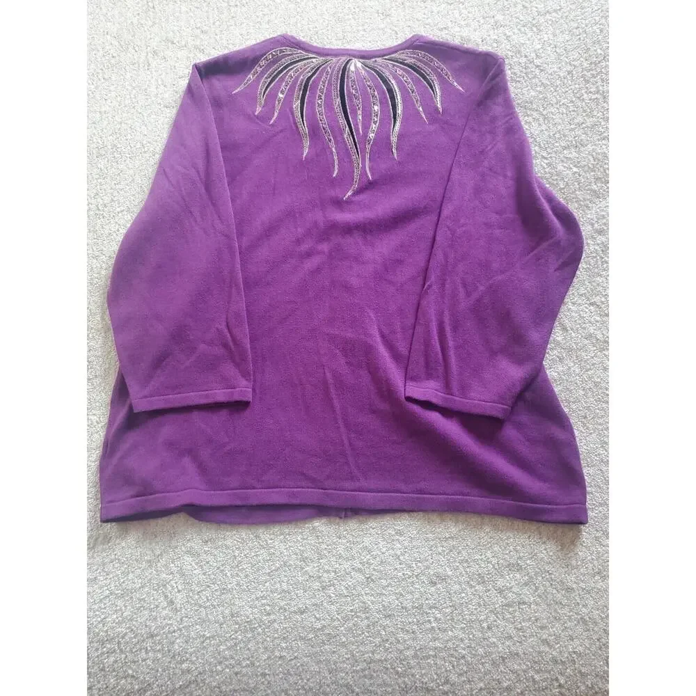 Bob Mackie Wearable Art XL Purple Sequined 3/4 Sleeve Buttons Cardigan Sweater